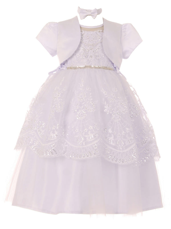 Rain Kids Little Girls White Pearl Sequin Beaded Christening Bolero Dress 2-6 - SophiasStyle.com